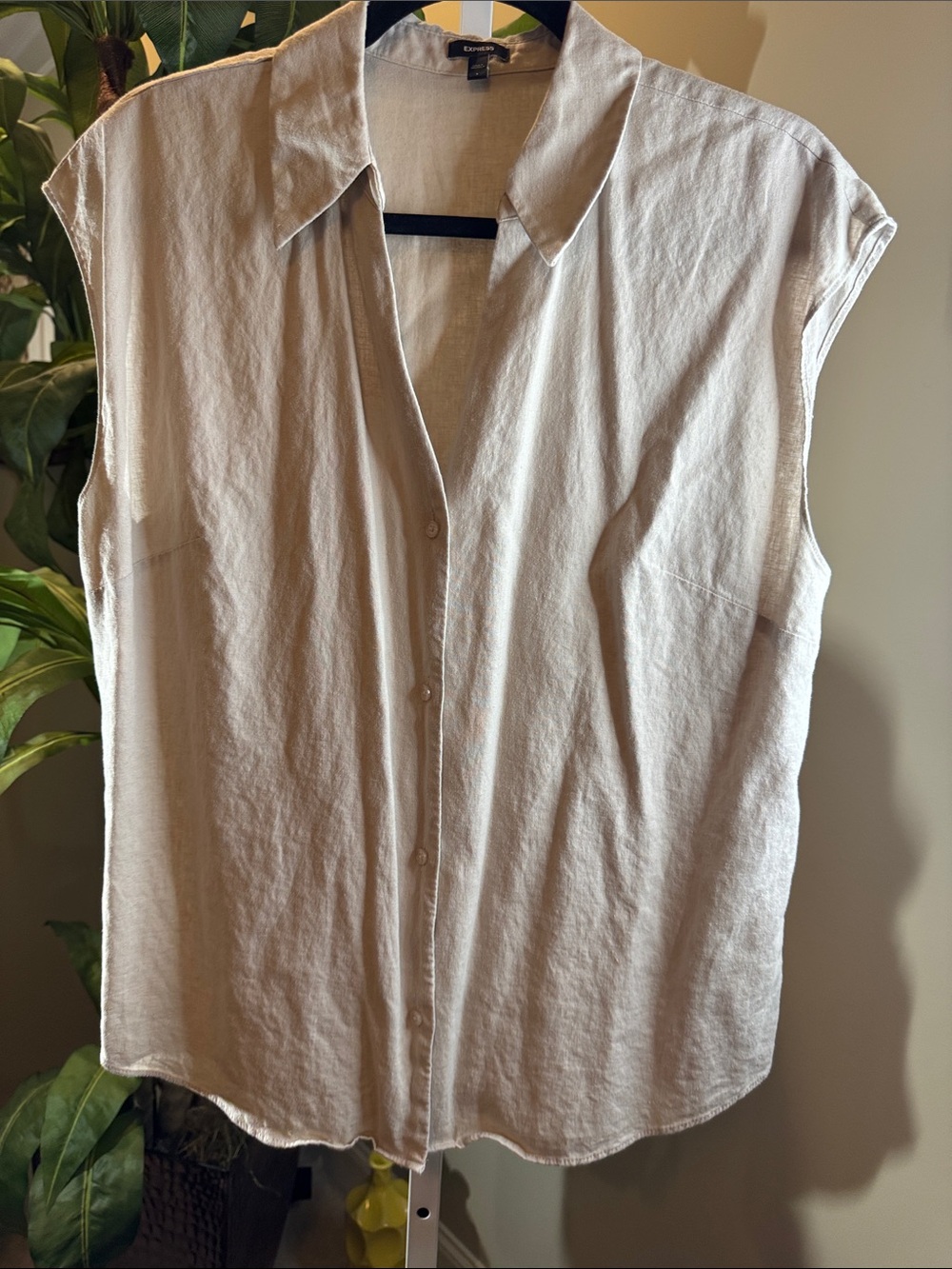 Express Sleeveless Button-Front Linen Blend Top in Beige W/ matching linen pants